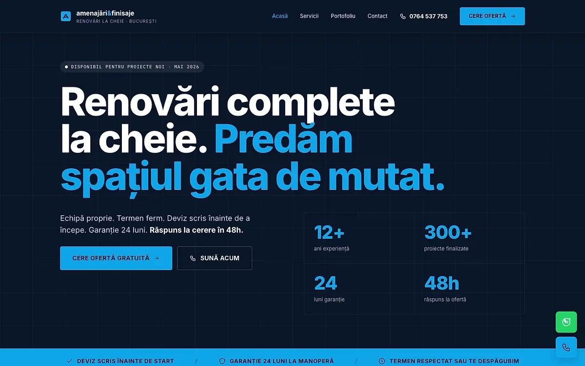 Renovation contractor homepage in navy with a cyan accent and large editorial type