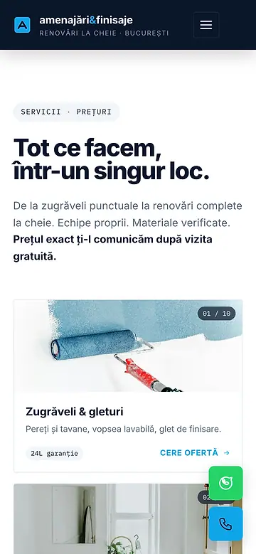 The renovation company’s services on a phone, in Romanian