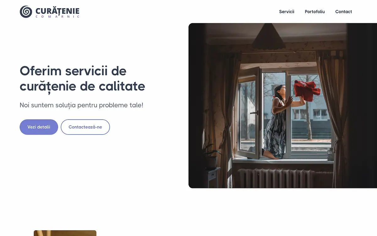 Cleaning service homepage with a hero photo and service tiles