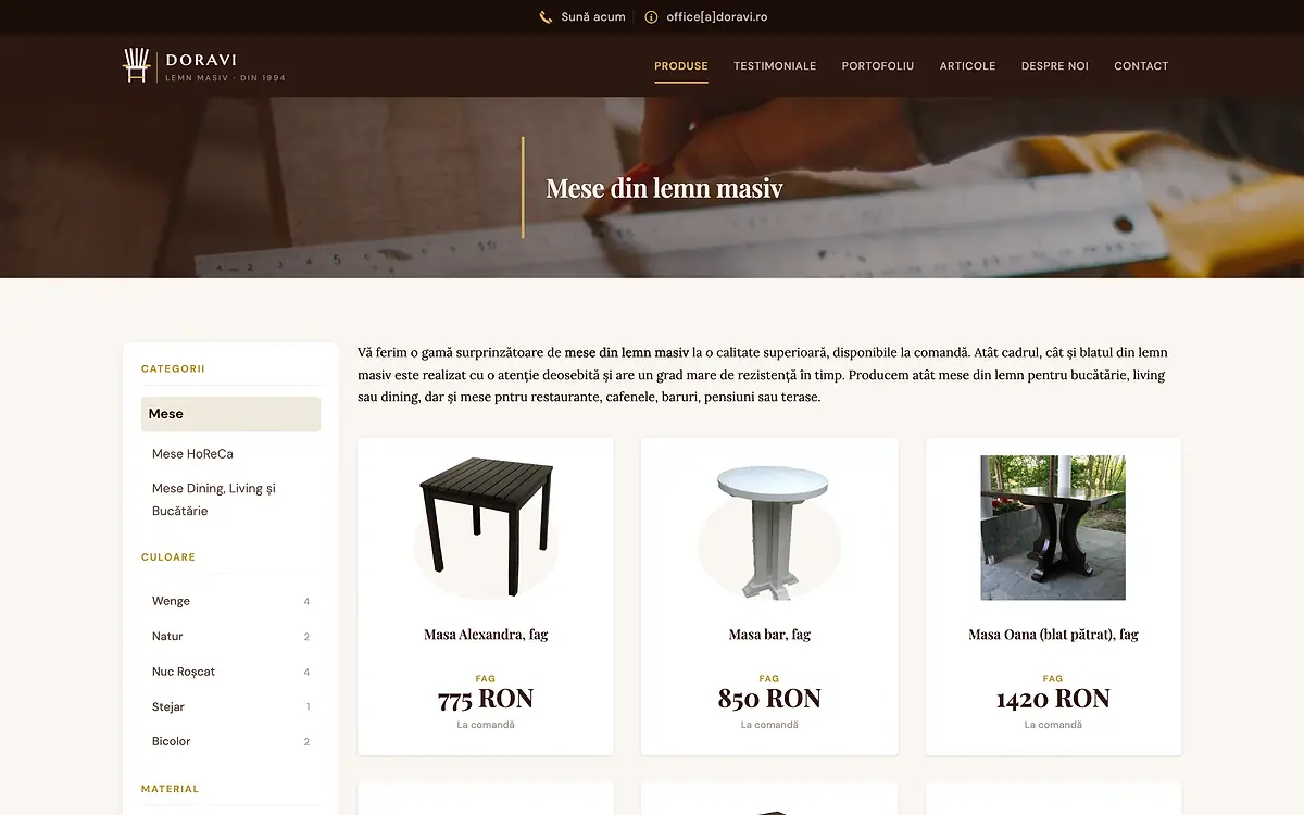 The solid-wood tables catalogue with a filter sidebar and priced products
