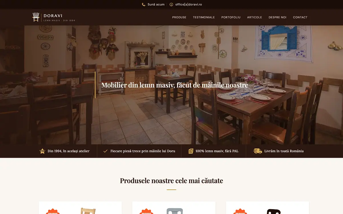 Doravi homepage with a photo of a dining set and the product categories