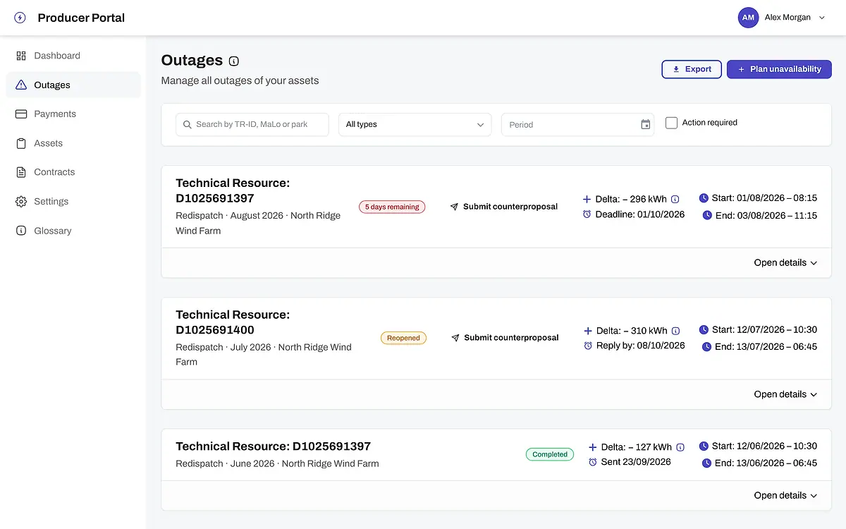 Outage management with a list of redispatch and unavailability cards and their deadlines