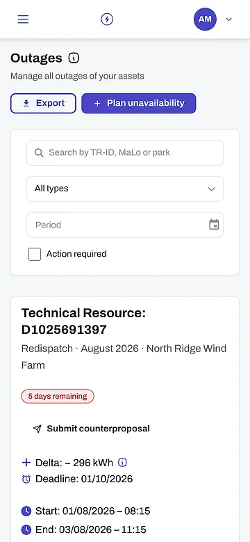 The outage list on a phone