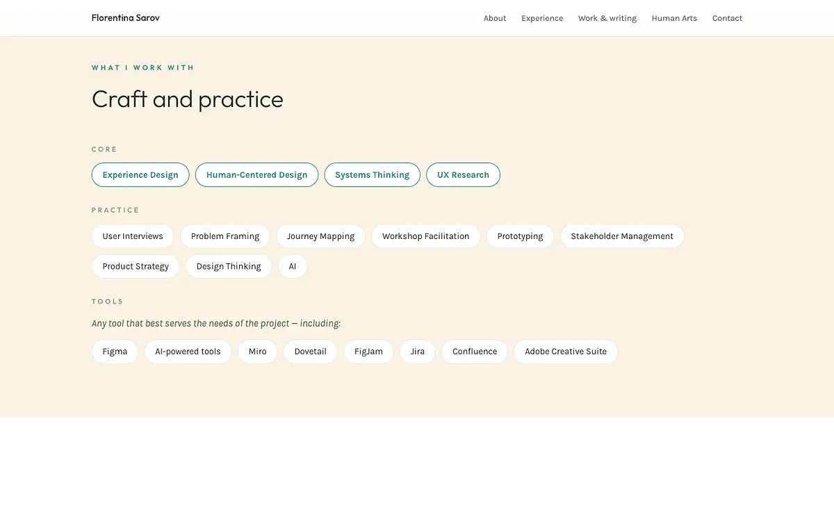 The craft-and-practice section with skill tags