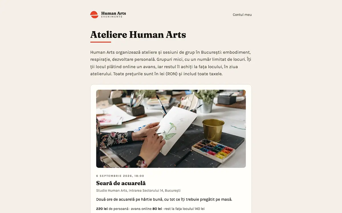 Human Arts booking platform homepage listing upcoming workshops with prices