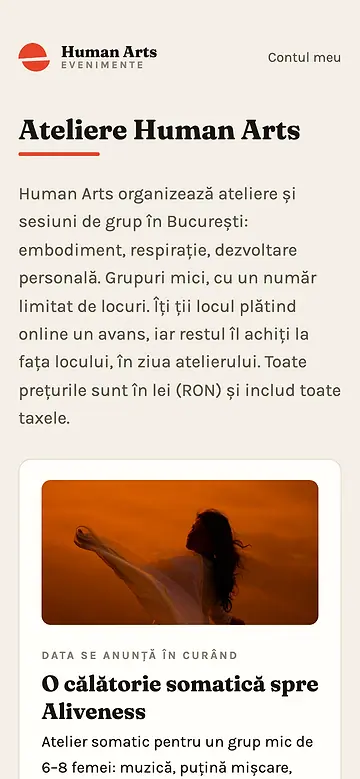 The Human Arts events site on a phone: the workshops page, in Romanian