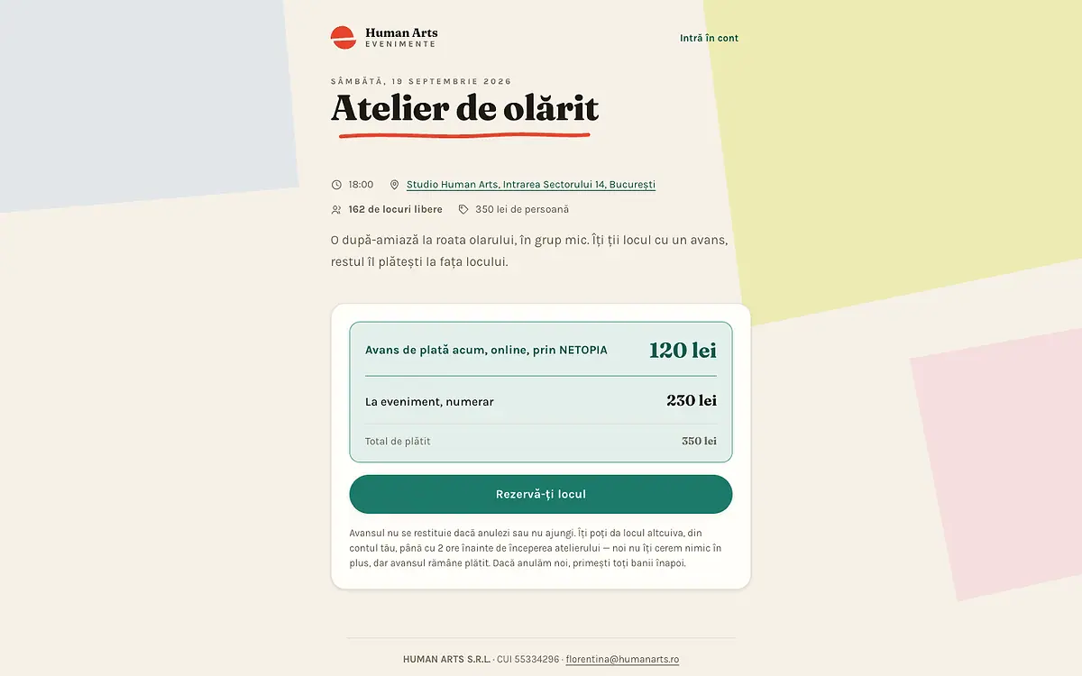 A pottery workshop page with the date, seats left and the advance payment card