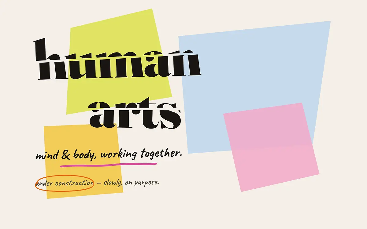 Human Arts homepage with a large sliced wordmark over pastel paper shapes