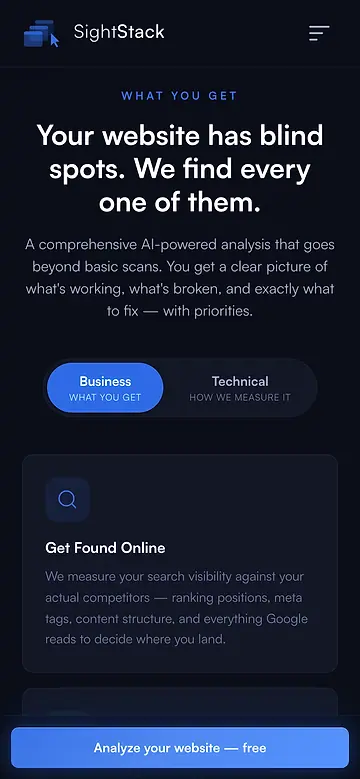 SightStack on a phone: what an audit covers, with the Business and Technical tabs