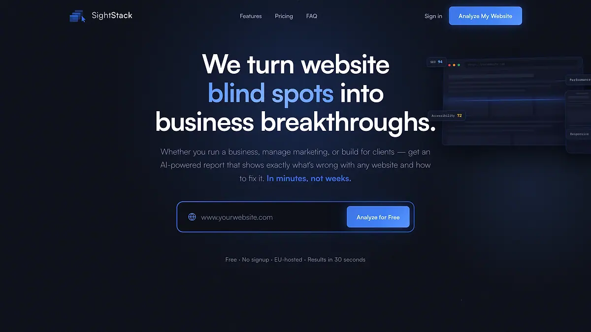 SightStack landing page with a URL field and a live audit preview