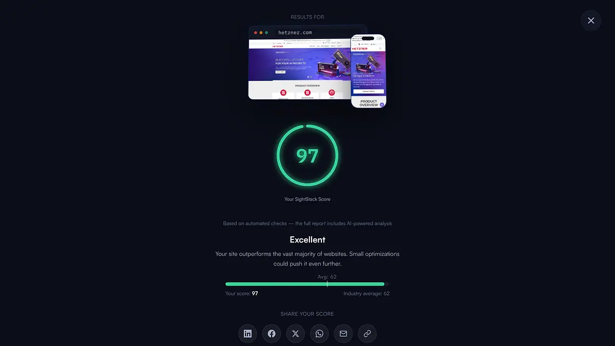 A finished audit: the SightStack score for a real site, with the verdict