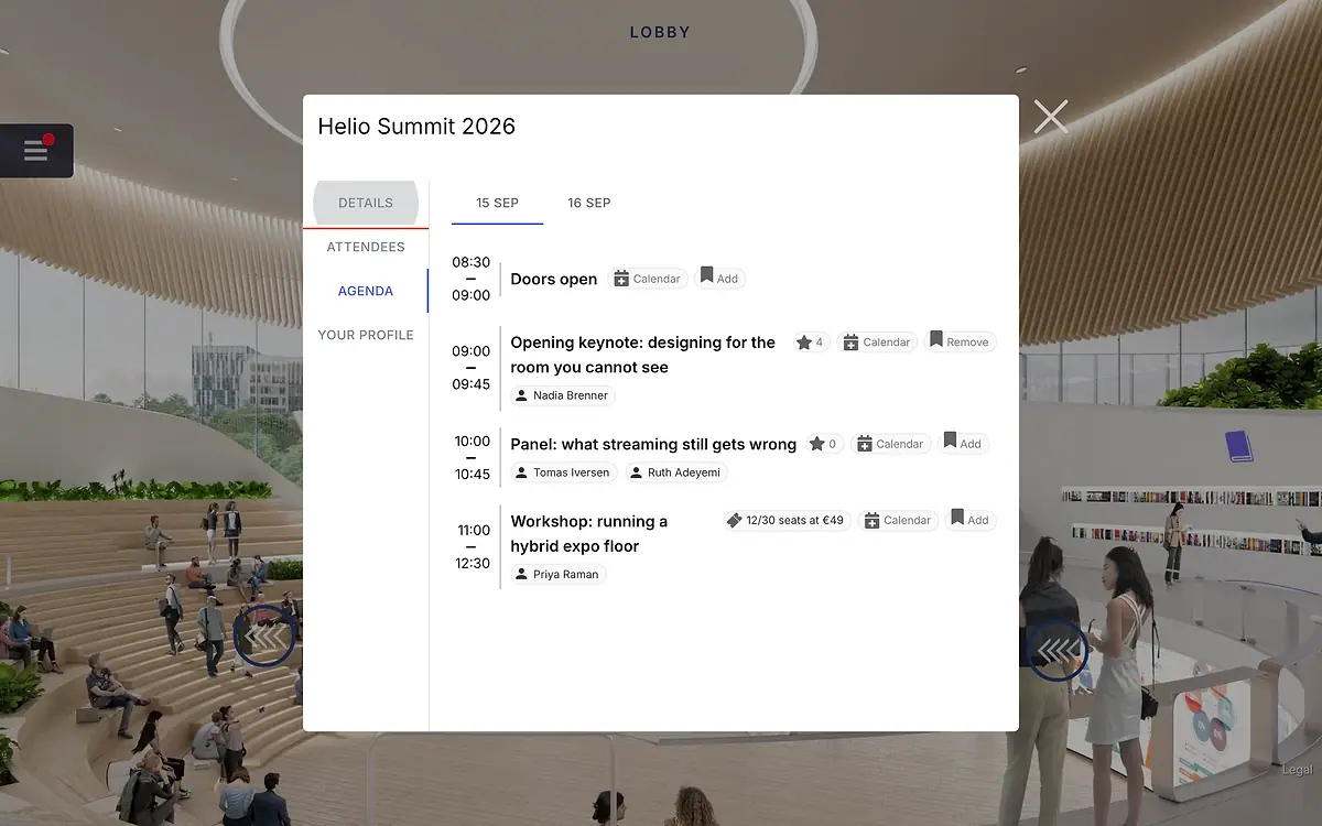 The event modal open on the agenda tab with sessions, ratings and calendar export