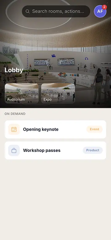 The venue on a phone: room cards and an on-demand action list