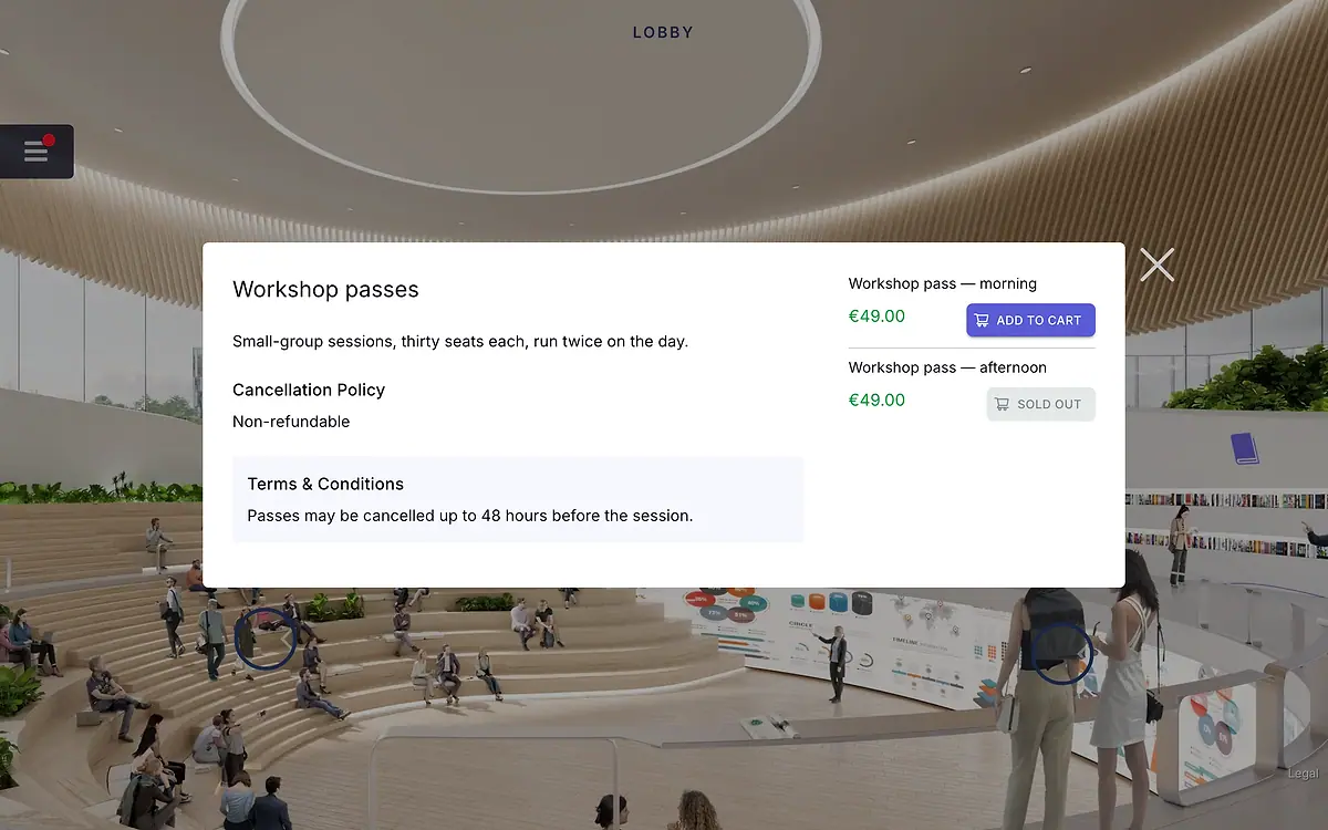 A product modal with two workshop passes, one in stock and one sold out