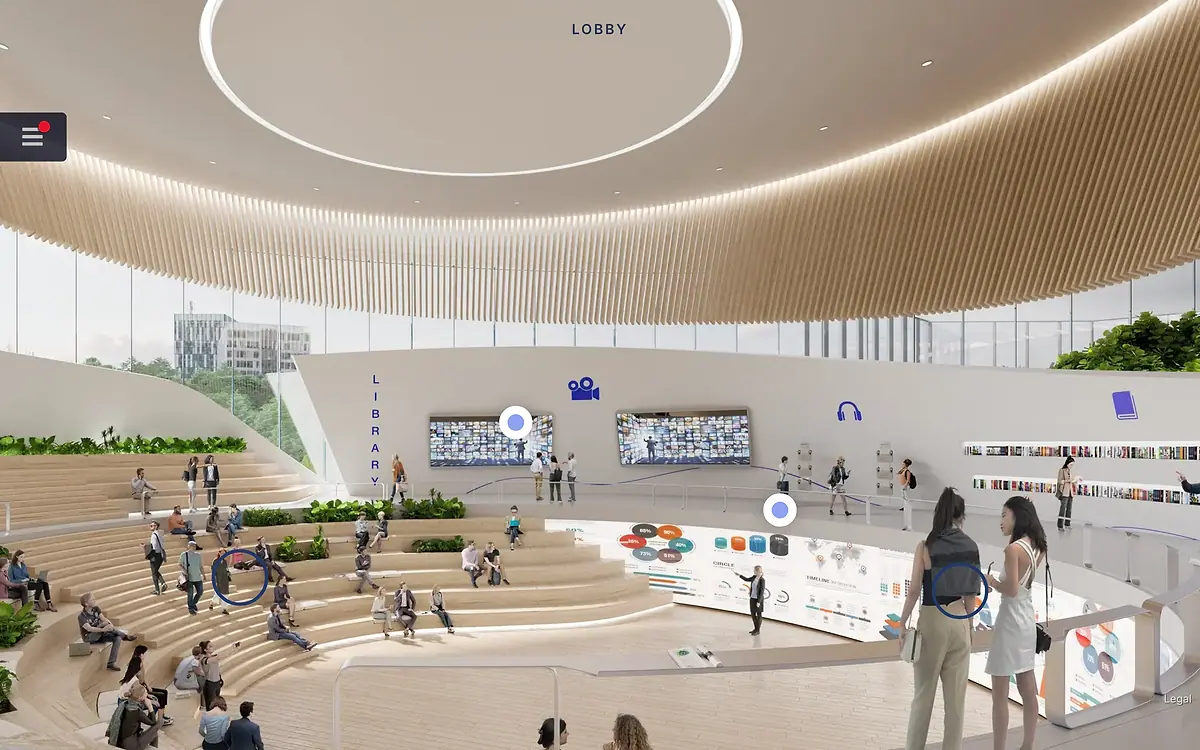 A virtual venue lobby with clickable markers and navigation to two more rooms