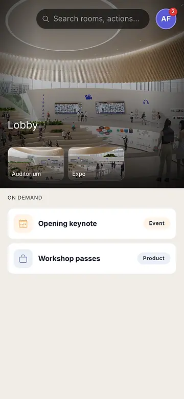 The virtual venue on a phone: the lobby, its rooms and the on-demand sessions