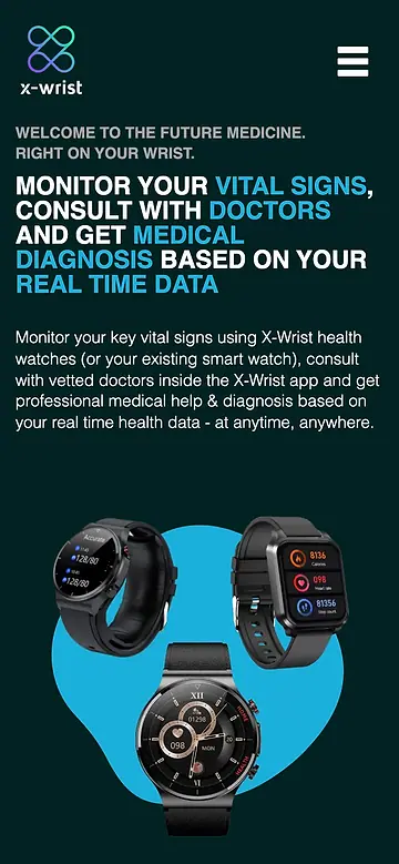 The X-Wrist launch page on a phone, with the three watches