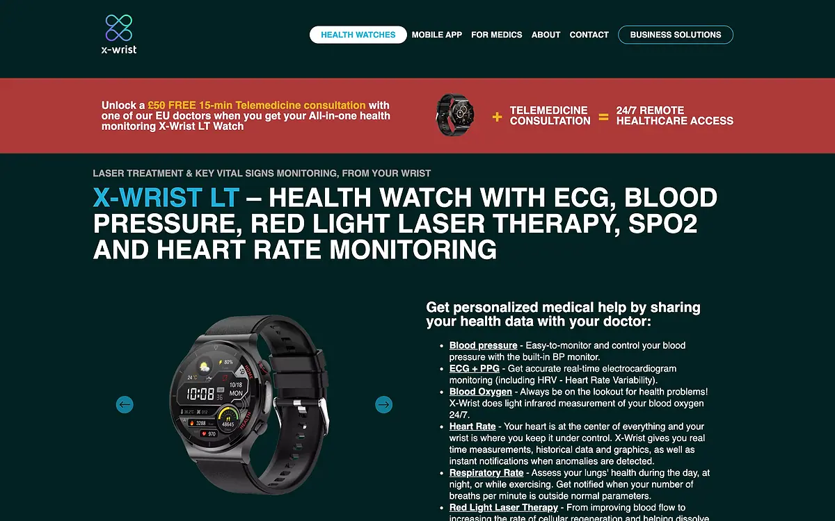 The X-Wrist LT product page: the health watch with its list of vital signs