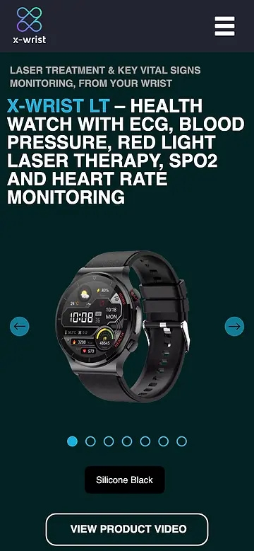The X-Wrist LT product page on a phone, with the watch and its health features